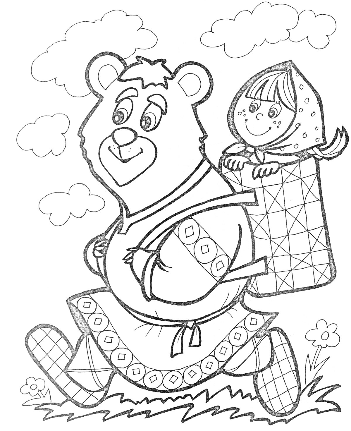 Раскраска Медведь несет Машу в корзине на спине, облака и трава на фоне