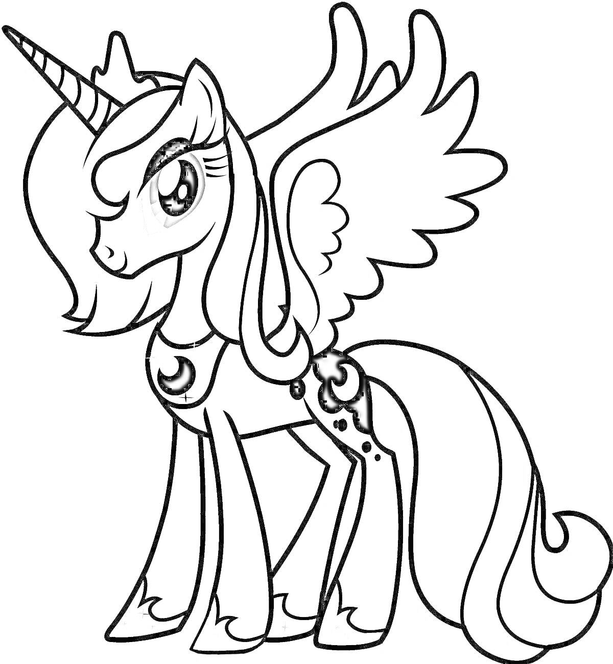 Раскраска Единорог с крыльями из My Little Pony с короной и длинной гривой