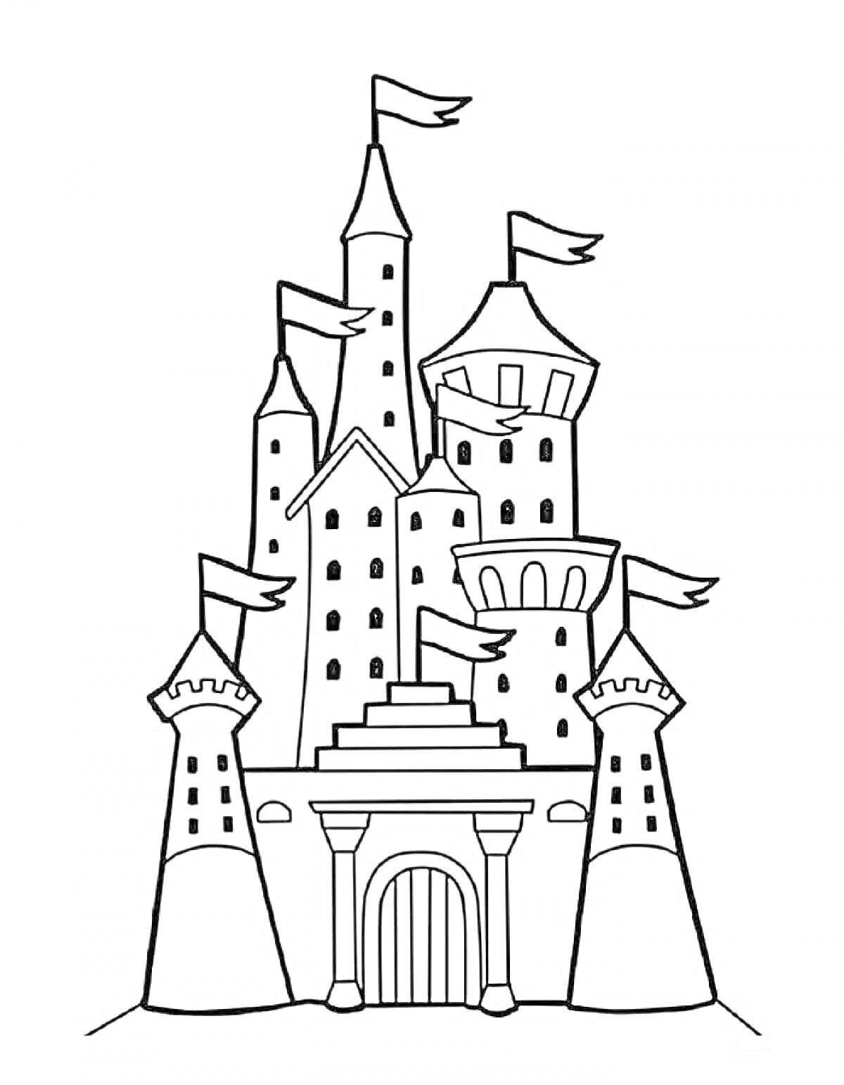 Раскраска Средневековый замок с башнями, флагами и входными воротами