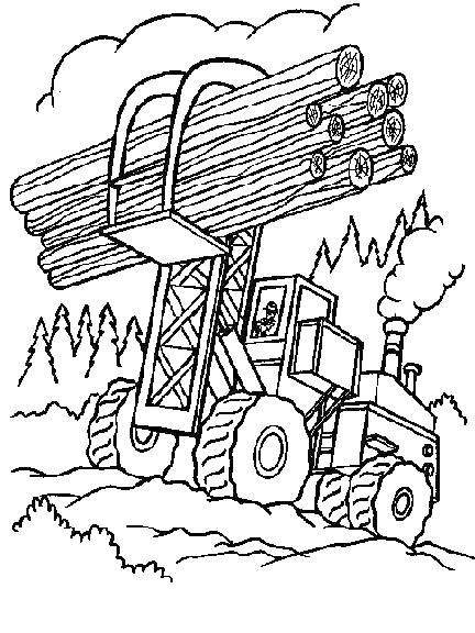 На раскраске изображено: Лесовоз, Трактор, Лес, Деревья, Холмы, Бревно, Грузовая машина