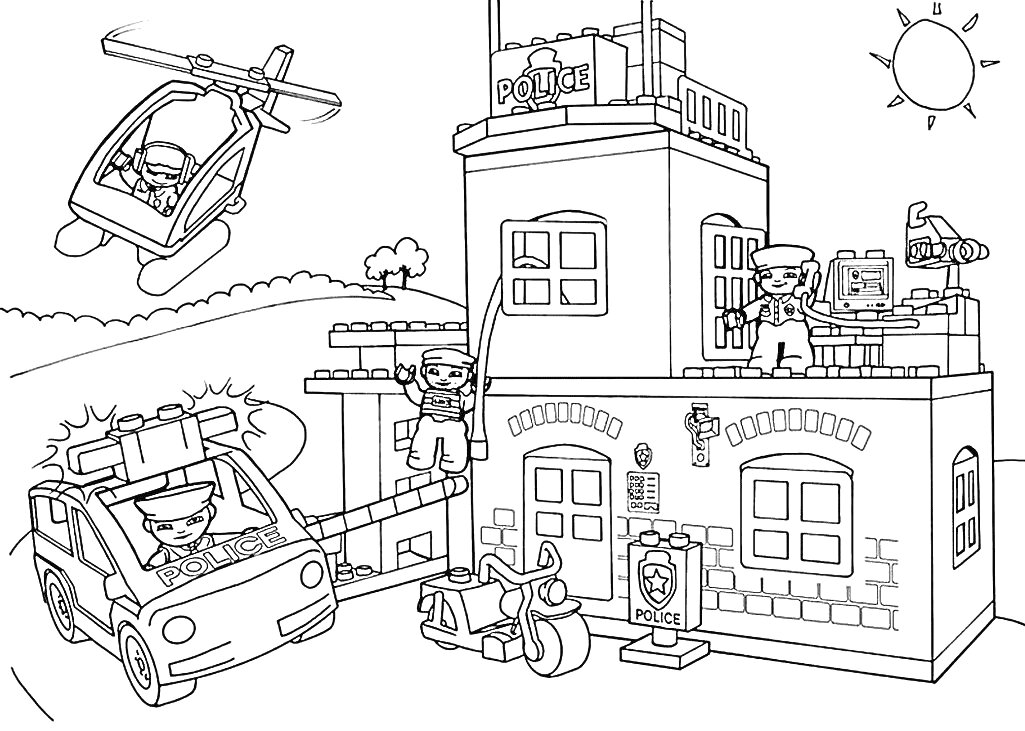 На раскраске изображено: Полицейский участок, Вертолет, Полицейская машина, Солнце, Здание, Деревья, Окна, Дверь, Улицы