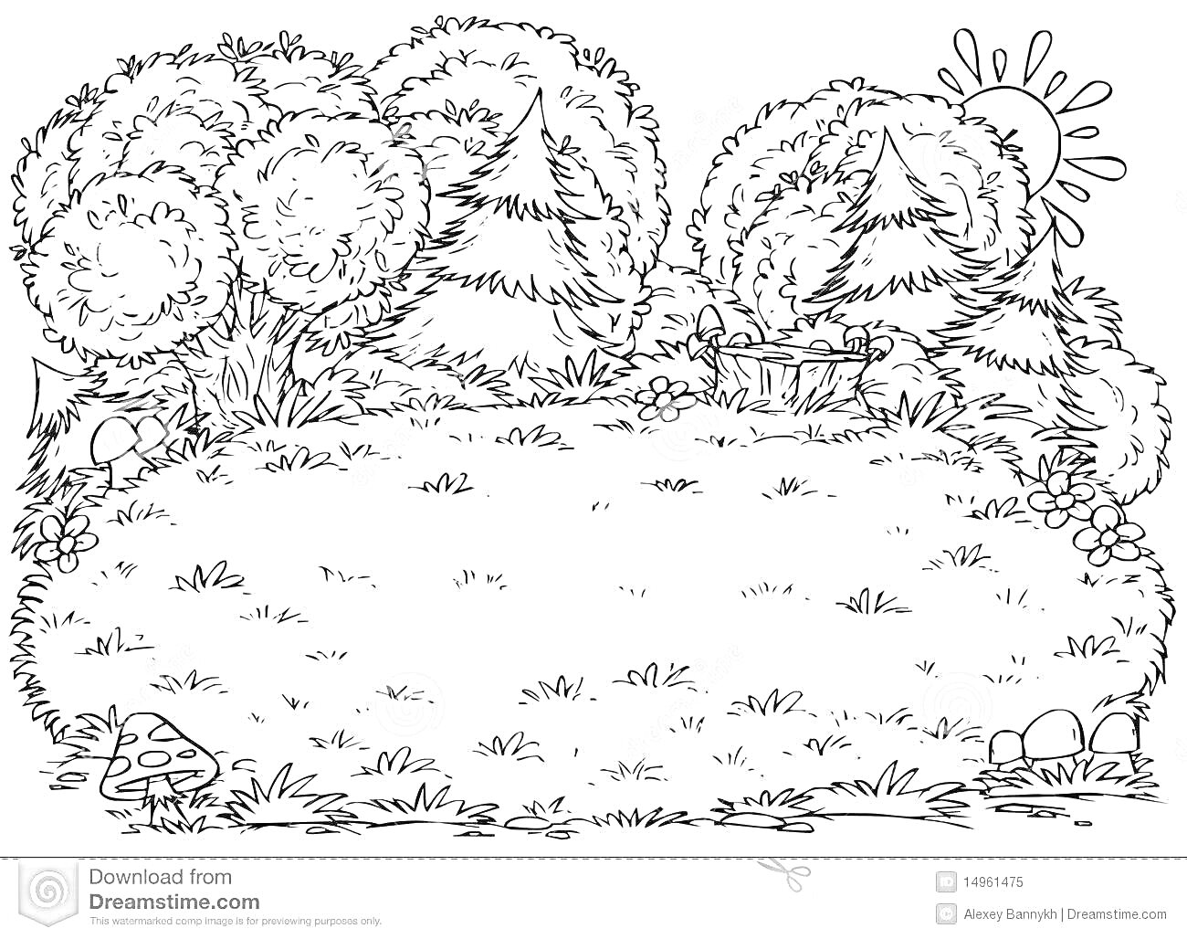 Раскраска Лесная полянка с деревьями, кустами, пнями, грибами и солнцем