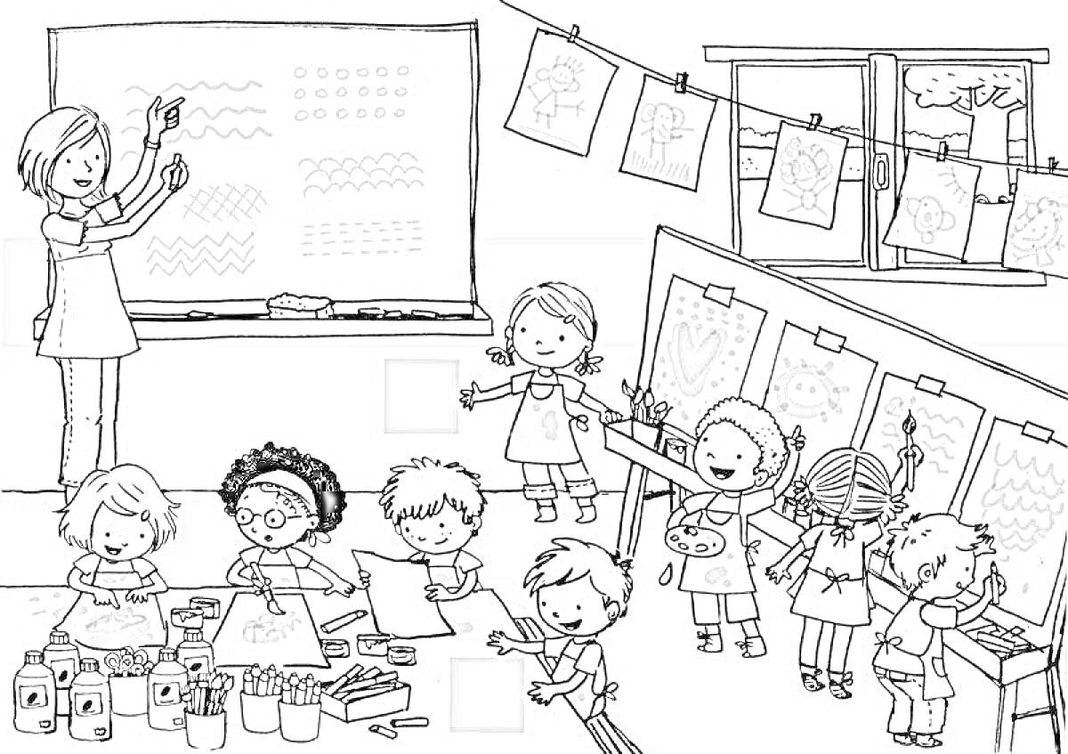 Раскраска Учебный класс с учениками и учителем