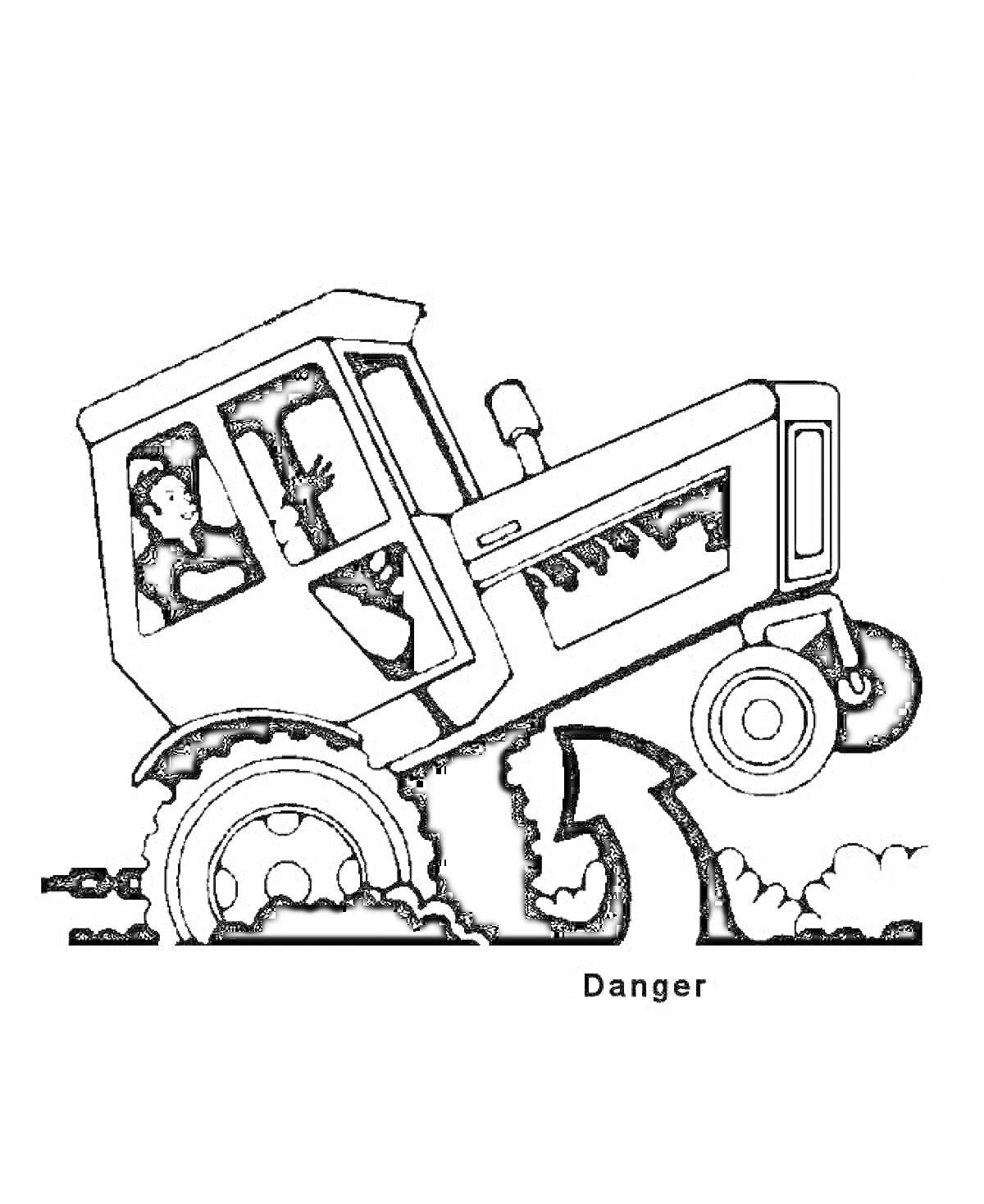 Раскраска Трактор, водитель, бездорожье, знак опасности