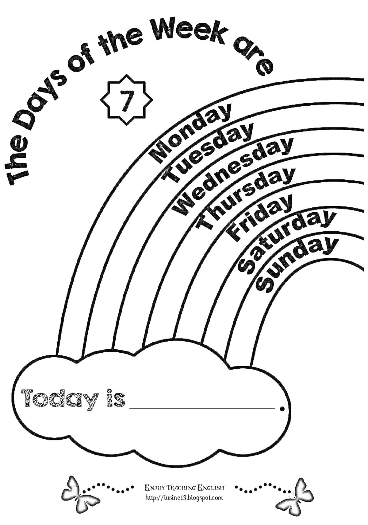 Раскраска Раскраска с днями недели на английском по радуге и облаку