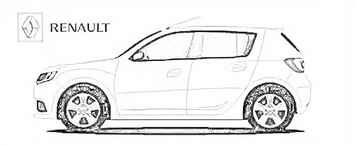 Раскраска Рено Сандеро, боковой вид, эмблема Renault слева-сверху