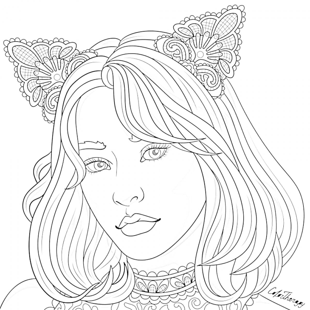 Раскраска Портрет девушки с длинными волосами в ободке с кружевными кошачьими ушками
