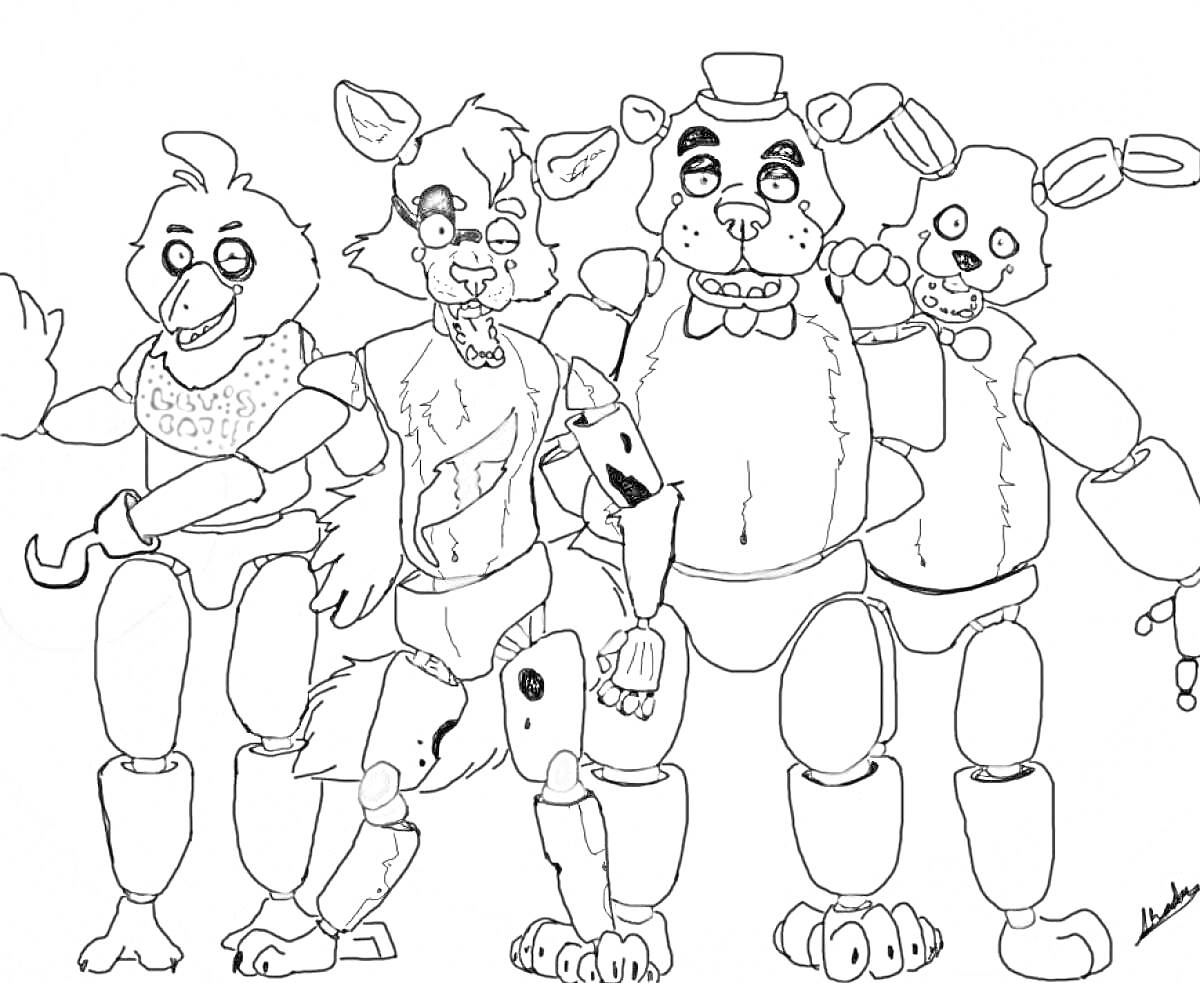 Четыре аниматроника из Five Nights at Freddy's: Чика с кексиком, пират Фокси, медведь Фредди с шляпой и бантиком, заяц с длинными ушами