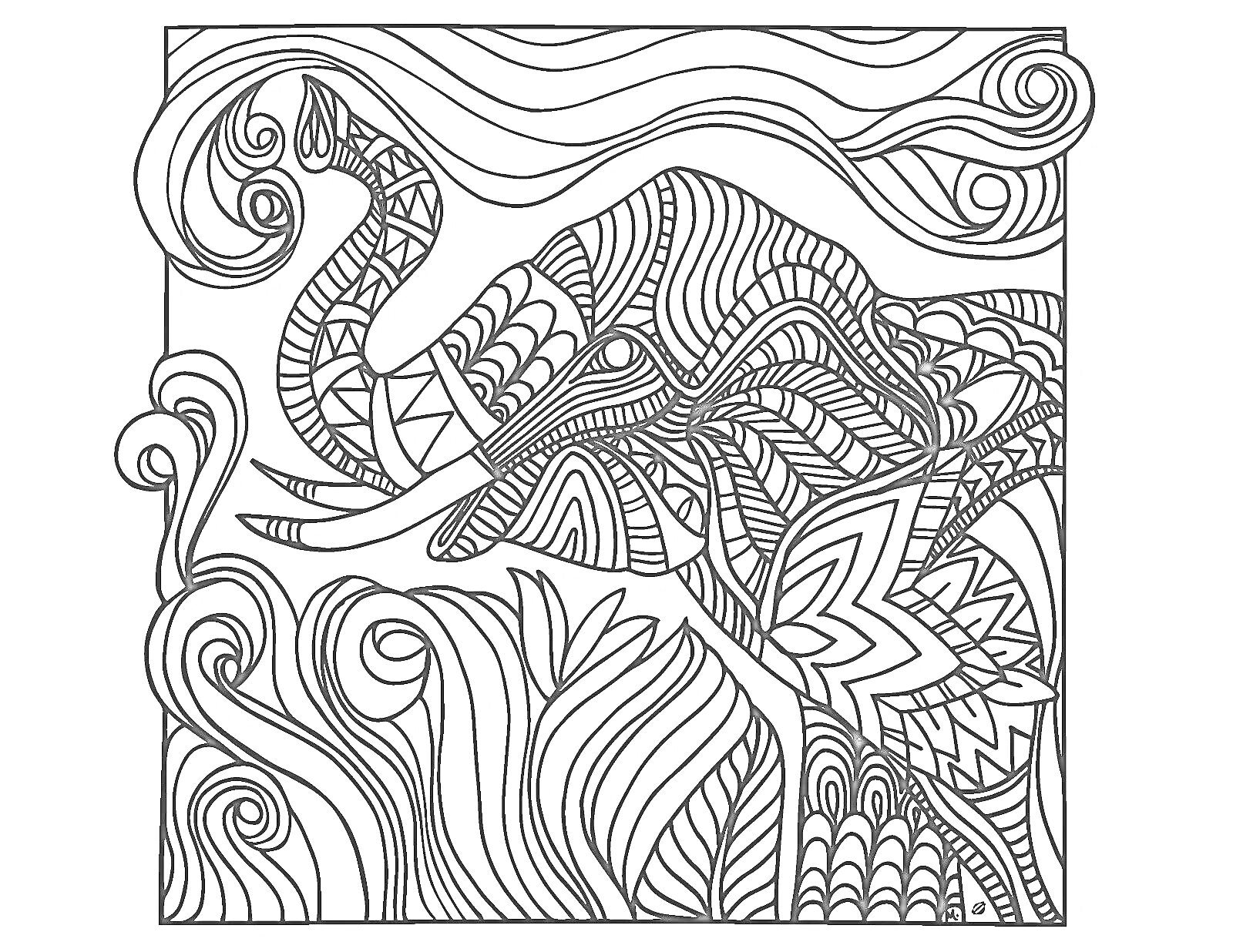 На раскраске изображено: Релакс, Слон, Узоры, Волны, Антистресс, Природа