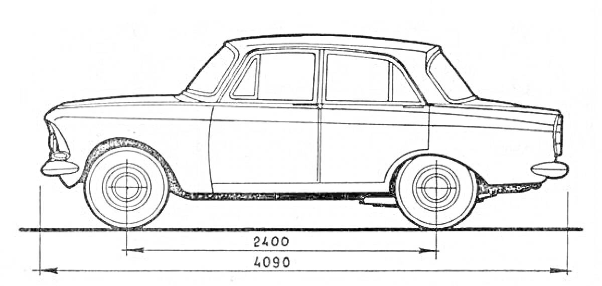Раскраска Схематичное изображение автомобиля Москвич с указанием габаритов (длина базы и общая длина авто)