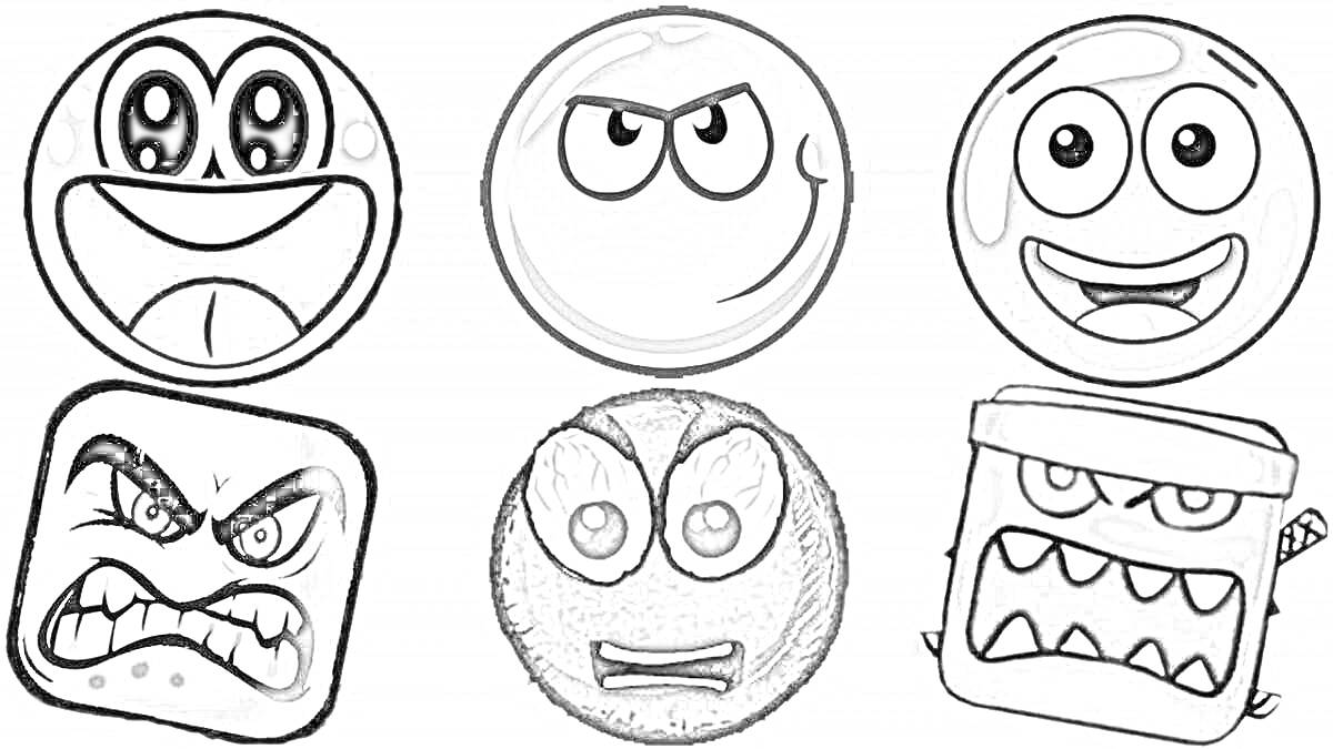 Раскраска Шесть персонажей: три красных шара с лицами (счастливый, сердитый, веселый) и три квадратных персонажа с лицами (серый, черный и серый с повязкой).