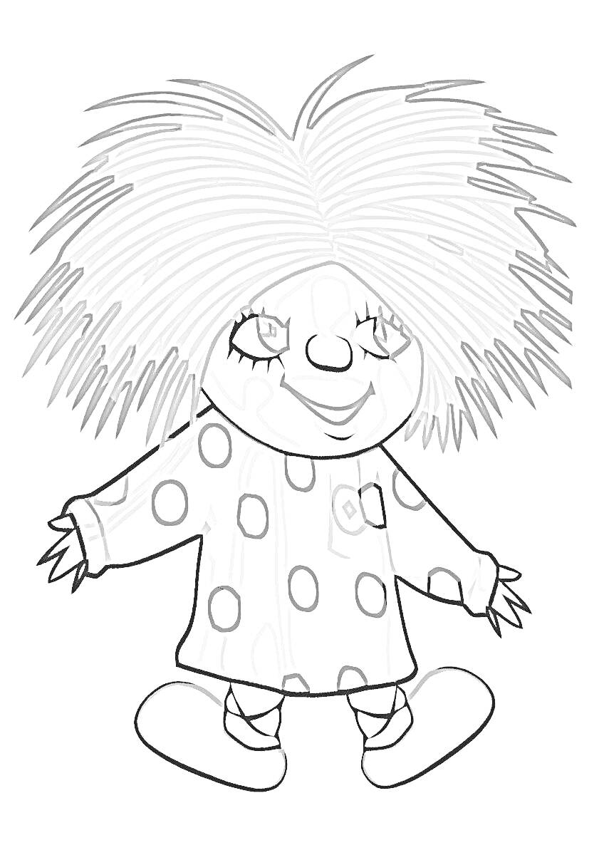 Раскраска Мультяшный персонаж с пышными волосами, в платье с кругами