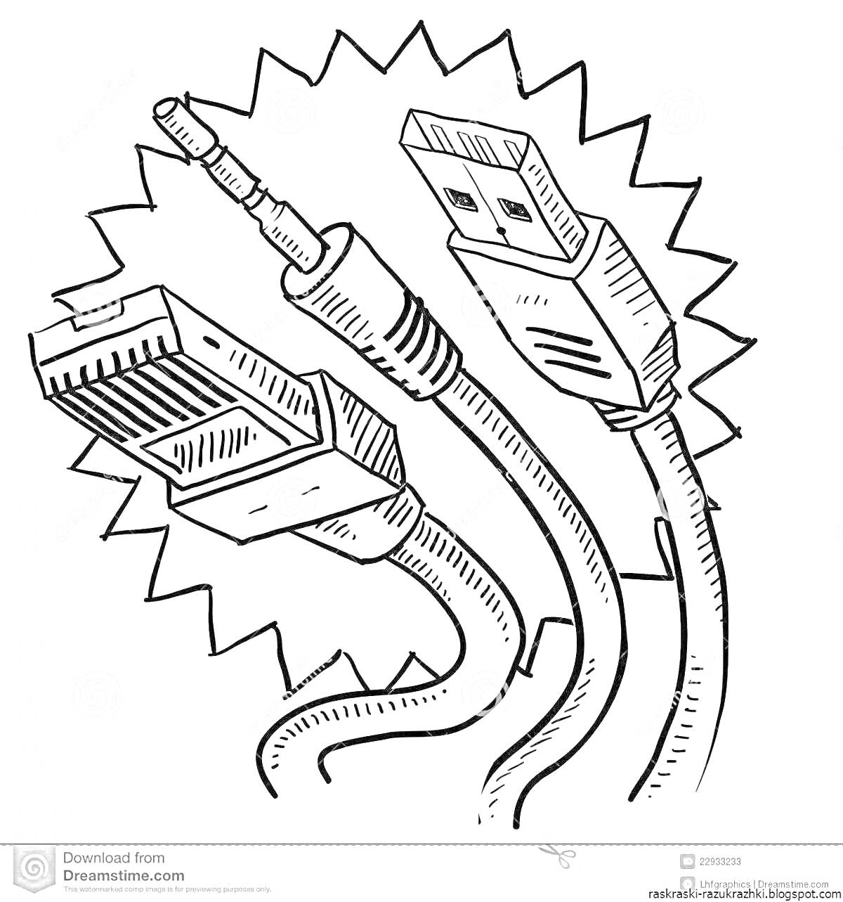 Раскраска Разъёмы и провода: RJ45, аудио-штекер, USB