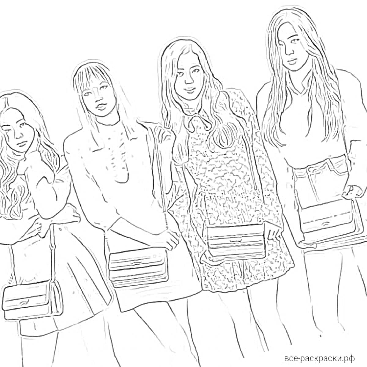 Раскраска Четыре девушки в модных нарядах с сумками