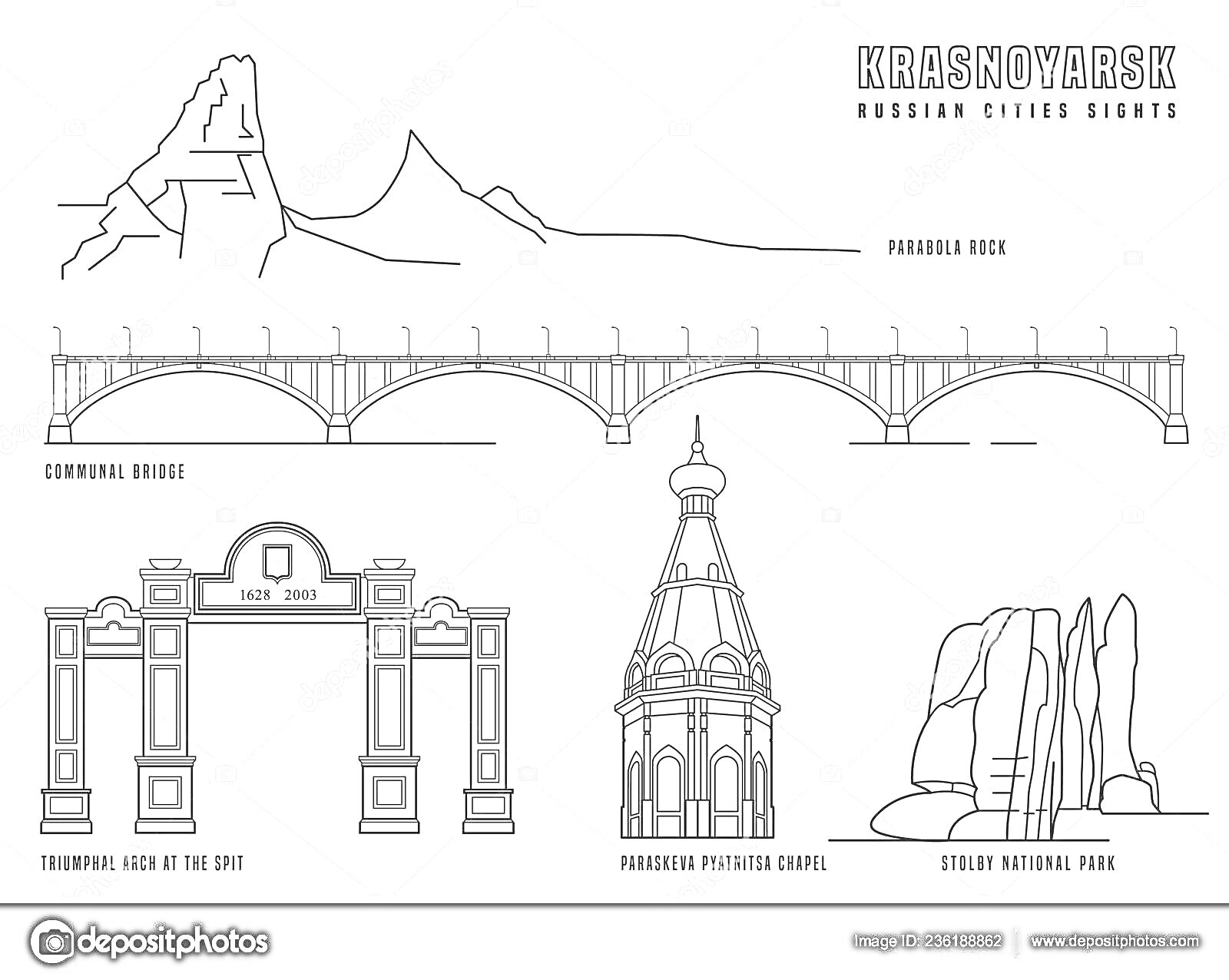 Раскраска Панорама Красноярска с изображениями заповедника «Столбы», Коммунального моста, Ворот на Стрелке, часовни Параскевы Пятницы и Ермаковского утёса.