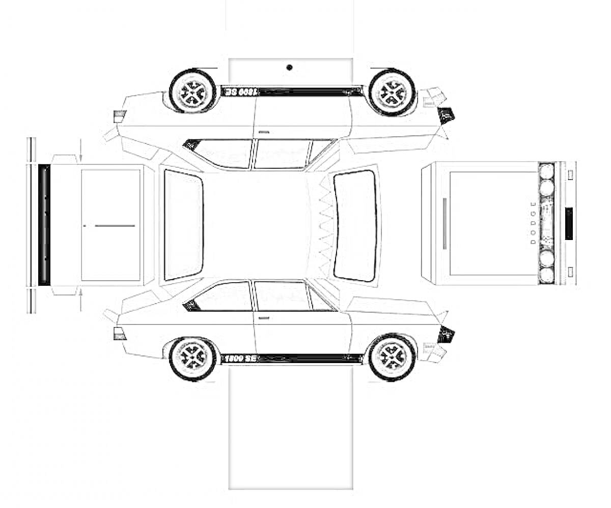 Раскраска Бумажная модель машины с деталями кузова, крыши, дверями, колёсами и передней решёткой