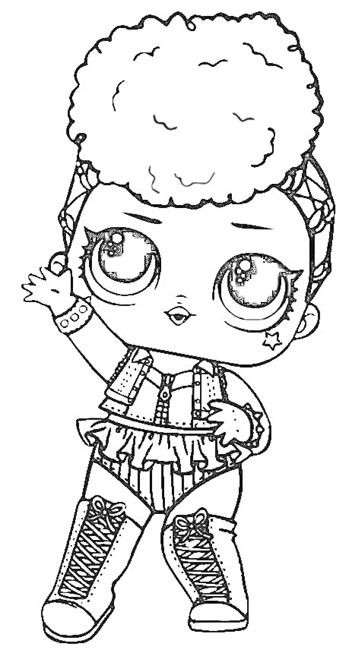 Кукла Лол с объемными волосами, в жилетке с бахромой, высоких ботинках и браслетом, с бантом на голове, звездочкой на щеке и поднятой рукой