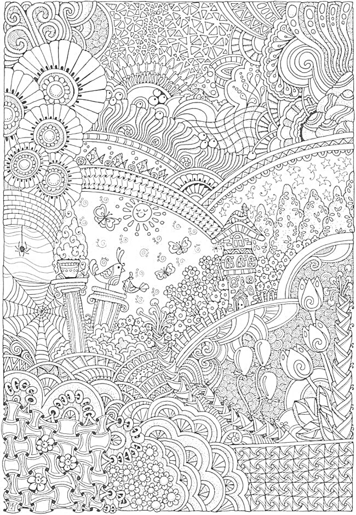 Раскраска Медитативный рисунок с узорами, спиралями, цветами, деревьями, листьями и волнами