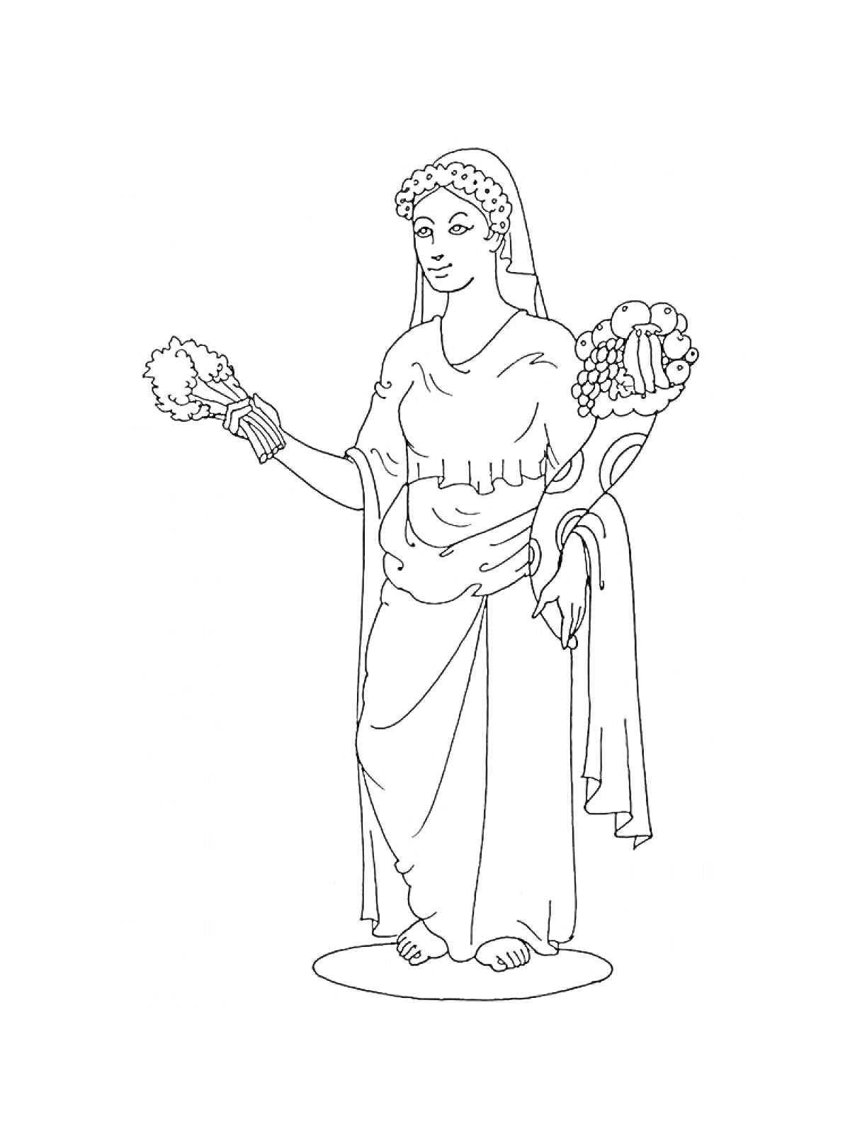 Раскраска Богиня с венком на голове, держащая плод и цветочный букет в руках в длинной одежде