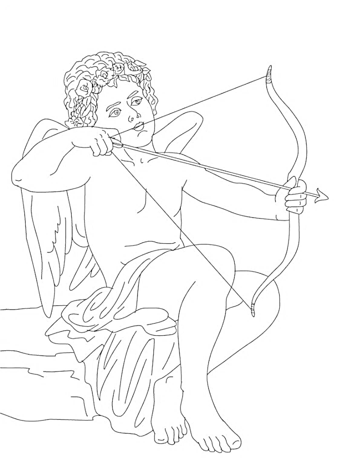На раскраске изображено: Древняя Греция, Купидон, Лук, Стрела, Крылья, Мифологический персонаж, Мифические существа