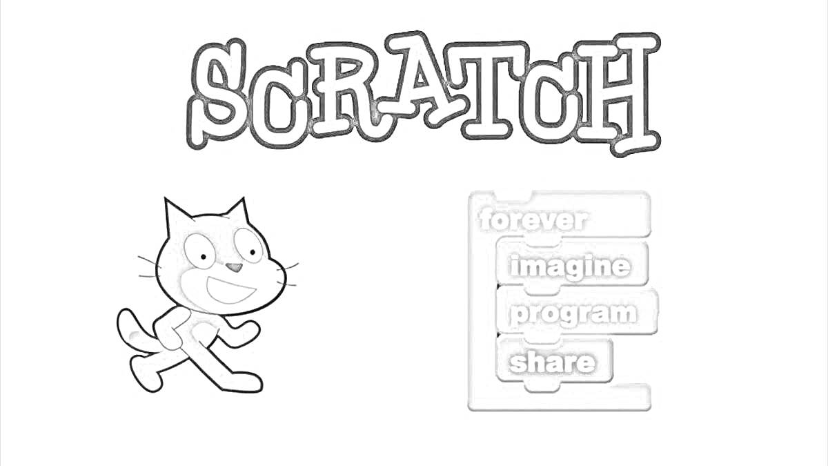 Раскраска Scratch - надпись, кот, блоки 