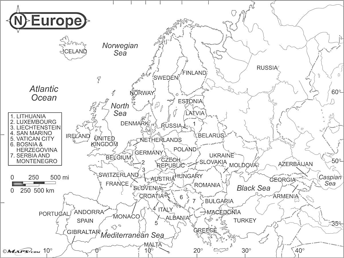 На раскраске изображено: Карта, Европа, Города, Океаны, Моря, Границы