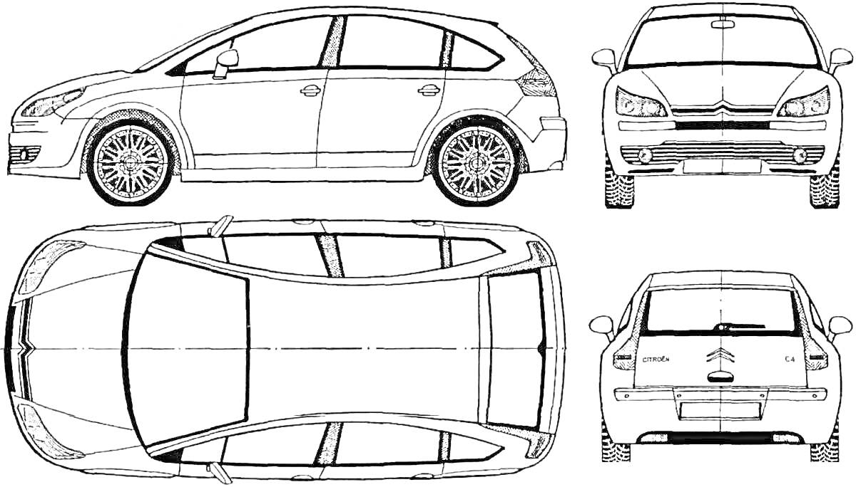 Раскраска Вид с боковой, передней, задней и верхней проекций автомобиля Citroën