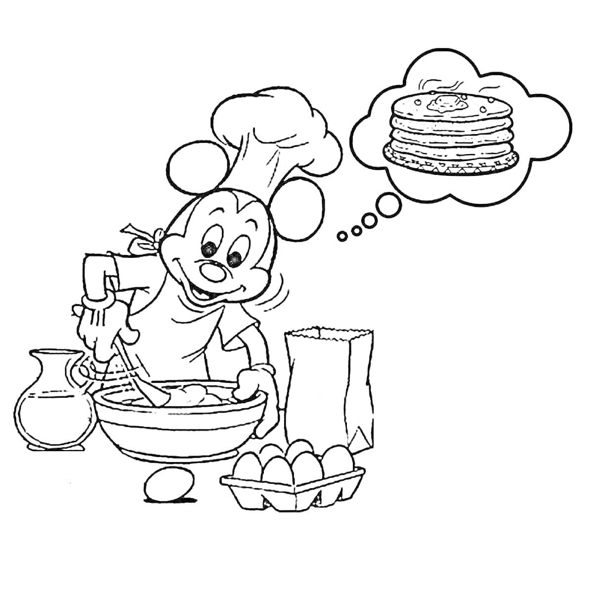 Раскраска Мышонок-поварик готовит блины к Масленице: венчик, миска, кувшин, пакет муки, яйца, мысленный образ стопки блинов
