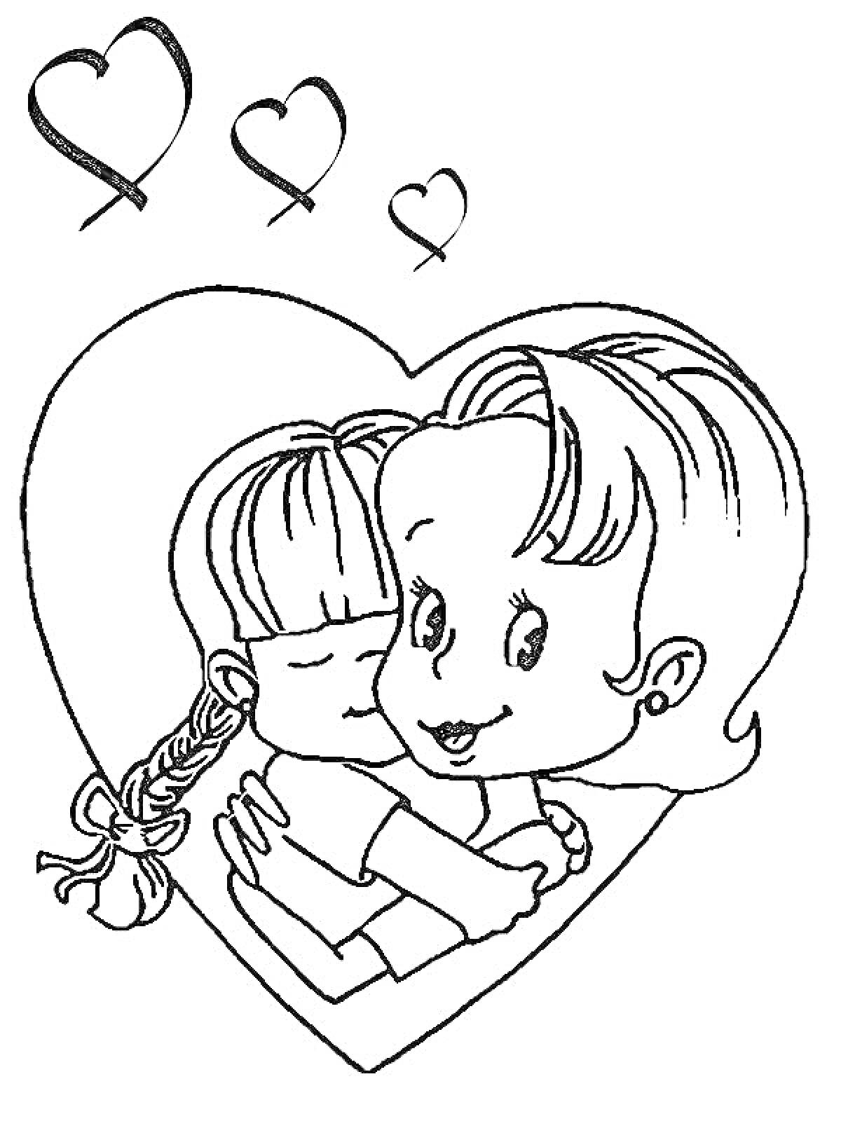 Раскраска Мама и дочка, обнимающиеся в сердце, три маленьких сердечка сверху