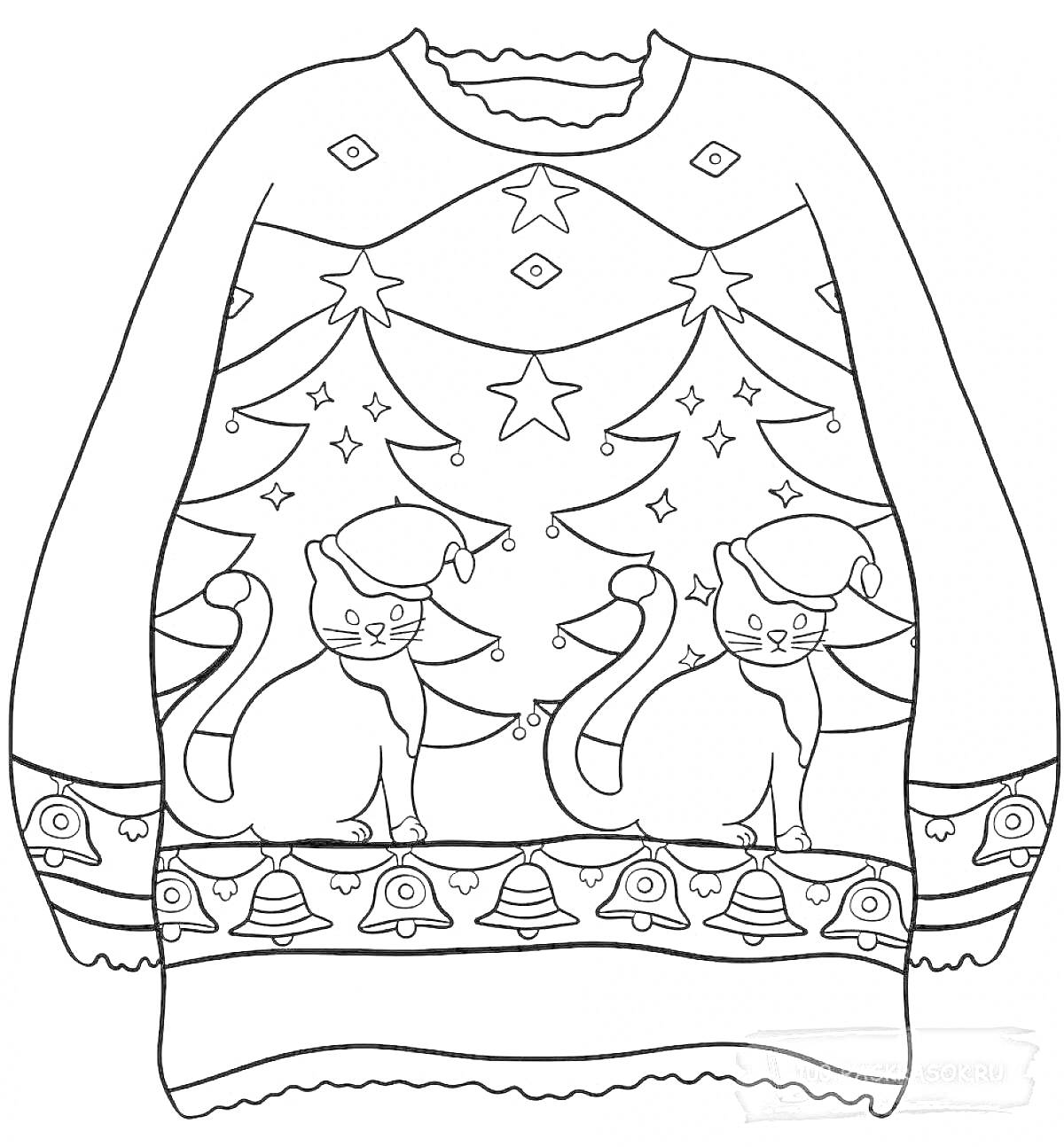 Раскраска Рождественская кофта с котами, ёлками, звёздами и колокольчиками