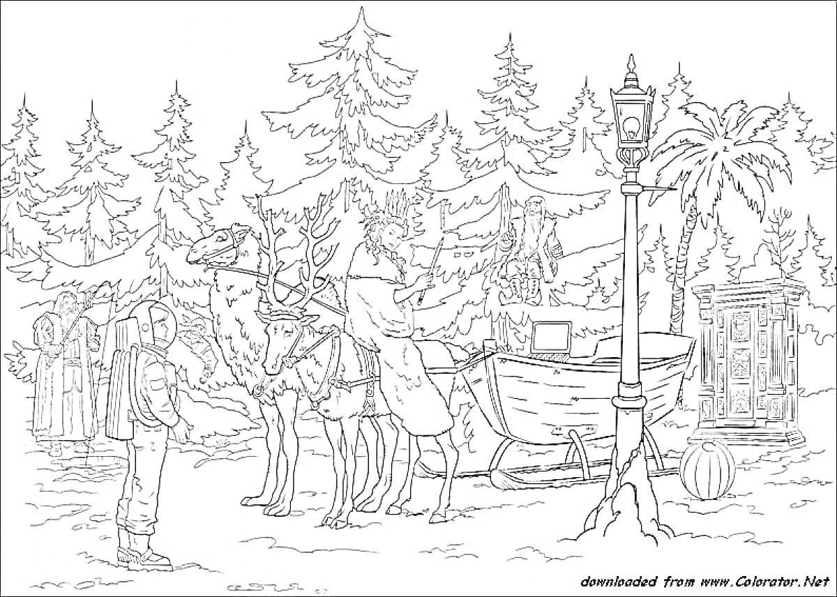 Раскраска Зимний лес с санями, оленями, фонарным столбом, людьми и шкафом