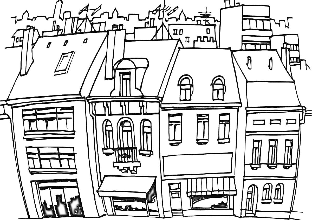 Раскраска Ряд городских зданий с магазинам на первом этаже