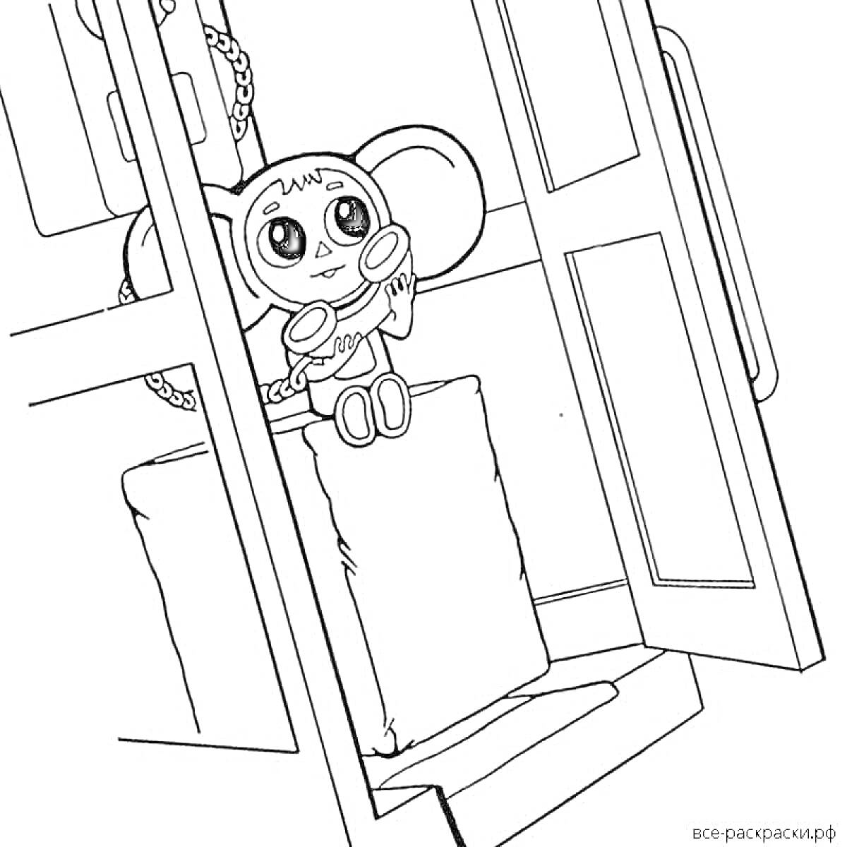 Раскраска Чебурашка сидит на посылке рядом с открытым окном