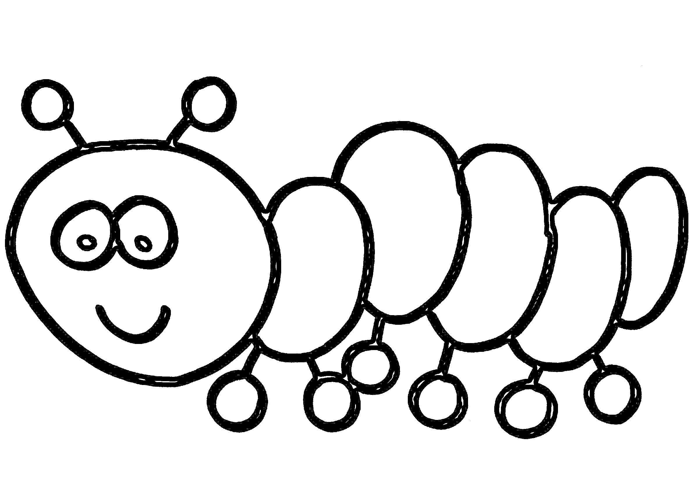 Раскраска Гусеница с антеннами, большими глазами и улыбающимся лицом