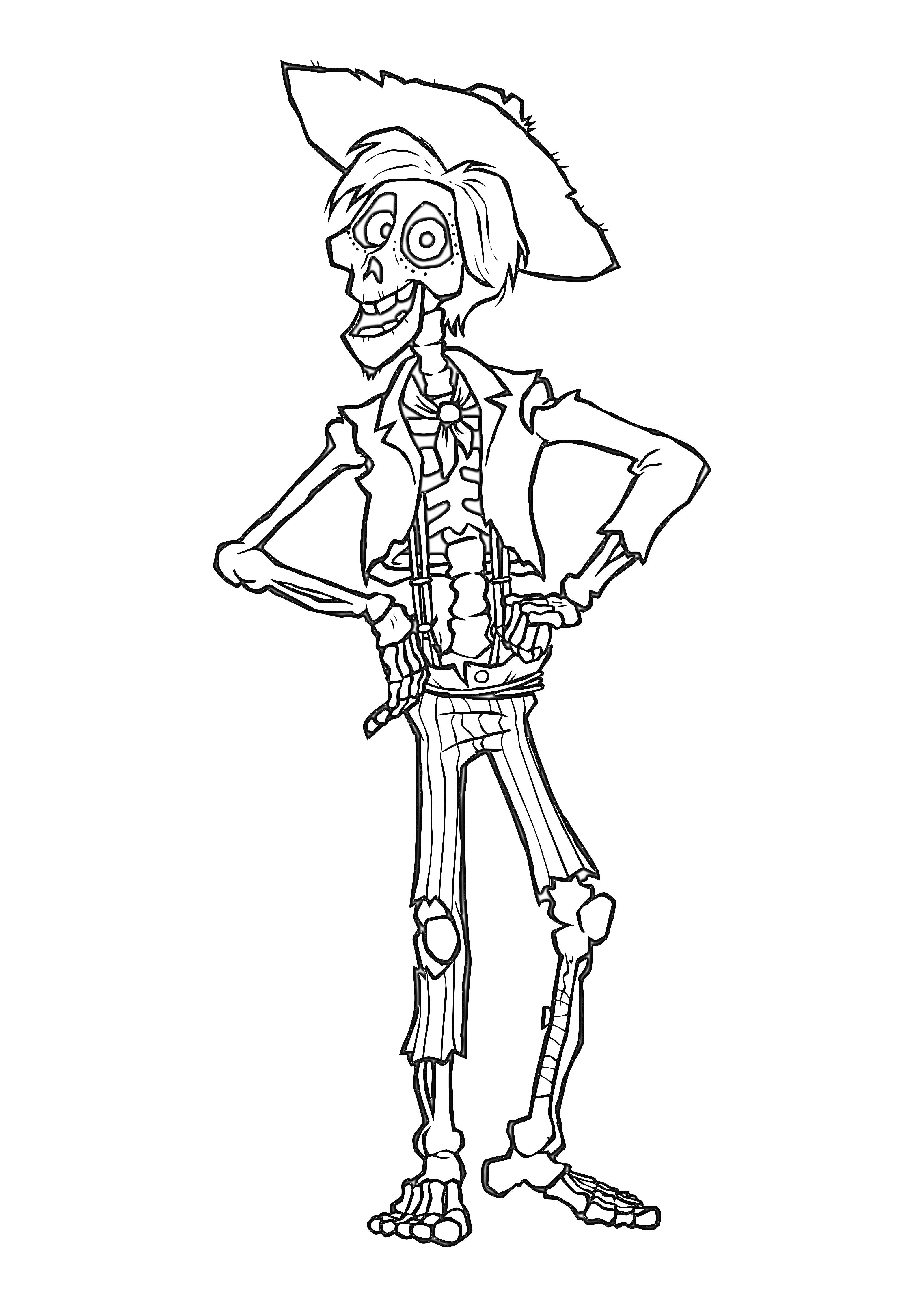 Раскраска Скелет с шляпой и курткой из Тайна Коко
