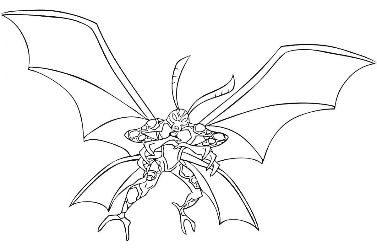 Раскраска Существо с большими крыльями и антенной, герой из Бен 10
