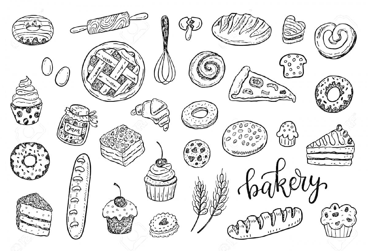Раскраска выпечка, пирог, венчик, кексы, яйца, круассаны, булочки, джем, багет, кусочек торта, бублик, колоски пшеницы, надпись bakery