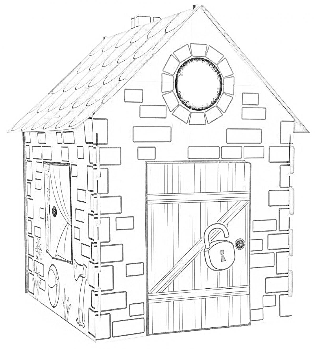 На раскраске изображено: Домик, Картон, Крыша, Кирпичная кладка, Дверь, Замок