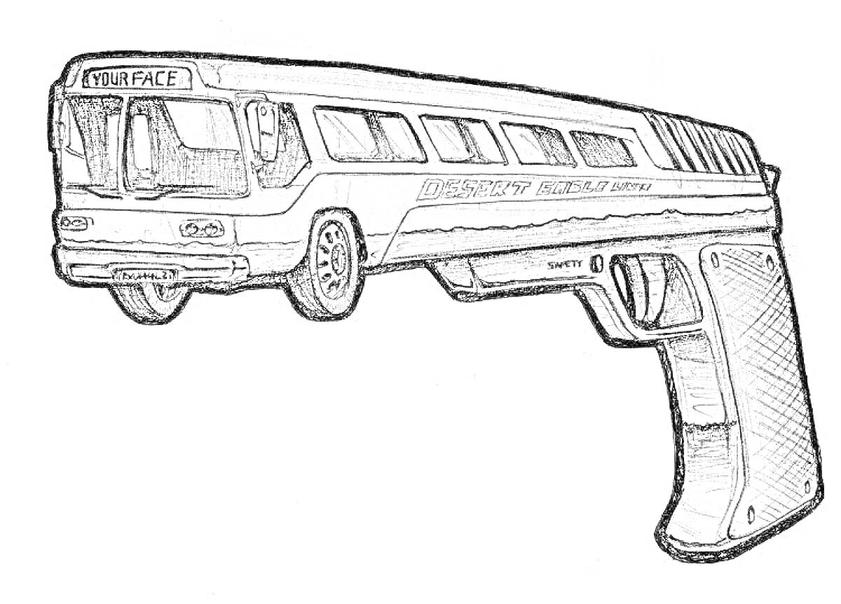 На раскраске изображено: Автобус, Пистолет, Транспорт, Оружие