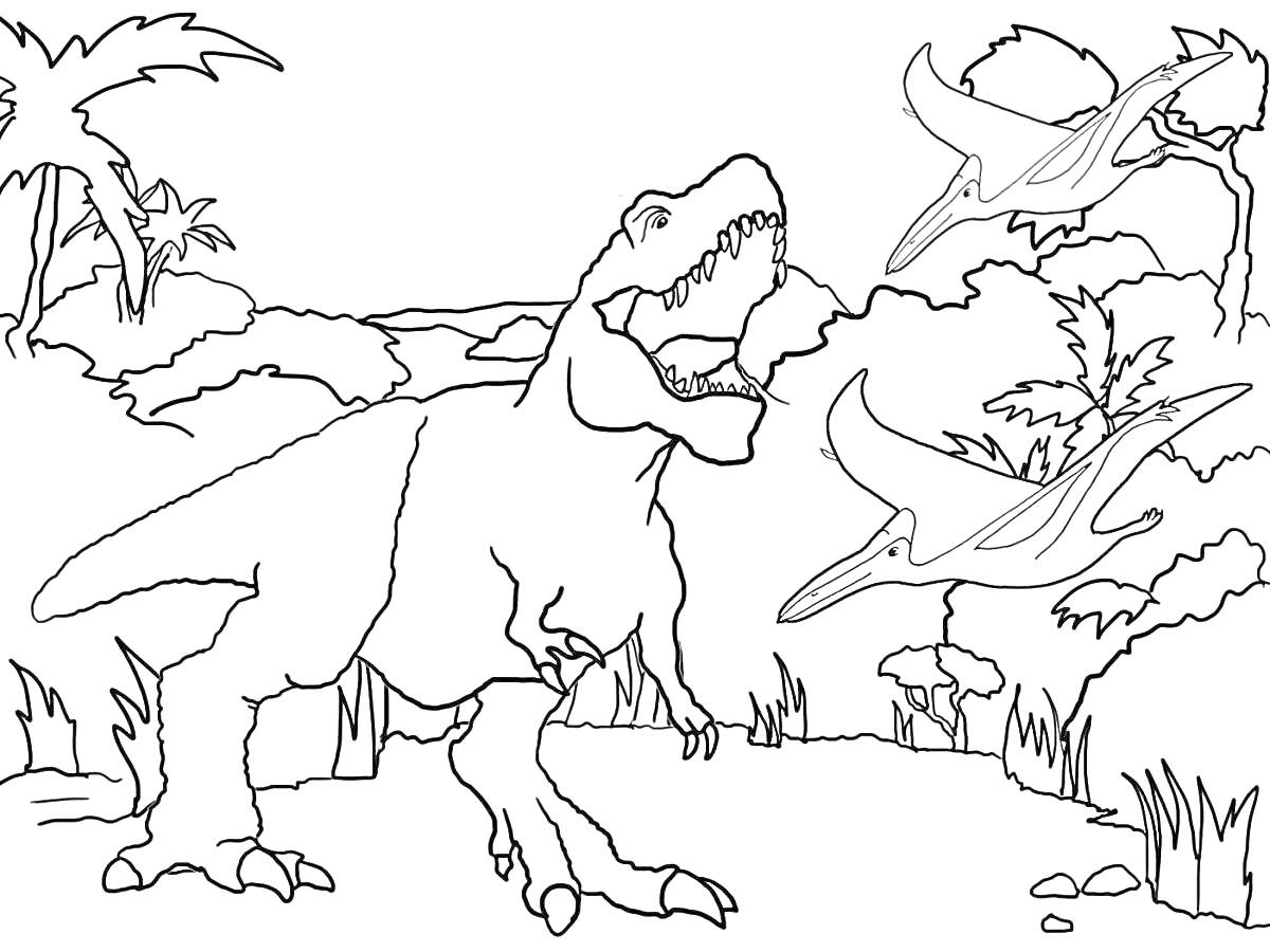 На раскраске изображено: Лес, Деревья, Кусты, Растительность, Динозавр, Доисторическая эпоха, Тираннозавр Рекс