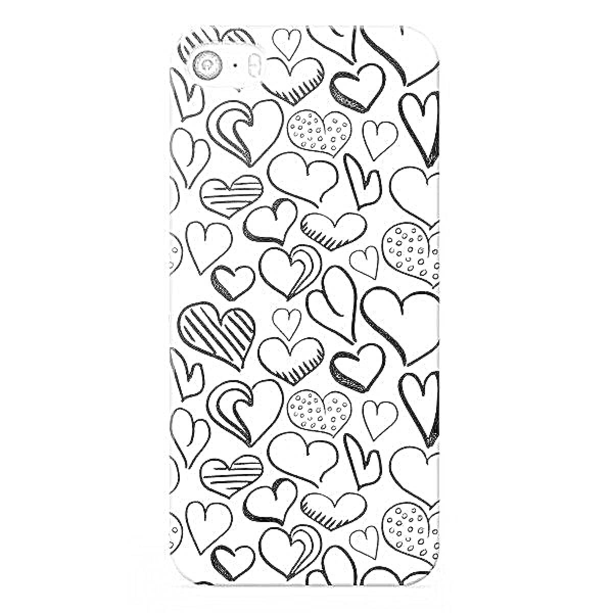 Раскраска чехол для телефона с черно-белым узором из сердечек
