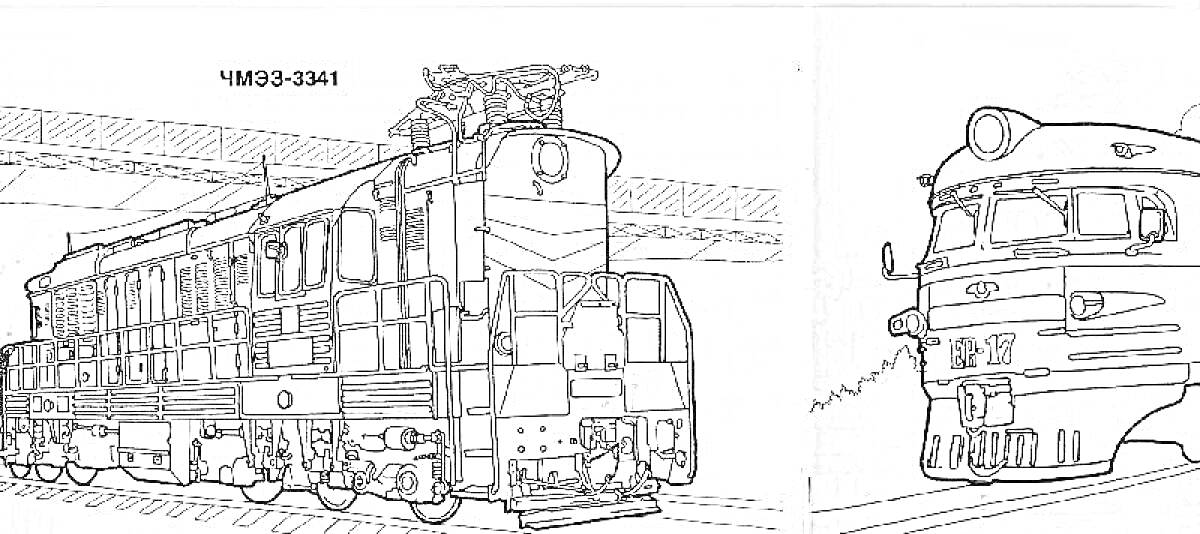 Раскраска Локомотивы на железной дороге с мостом и деревьями на фоне (модель ЧС8-2011 и ТЭП70)