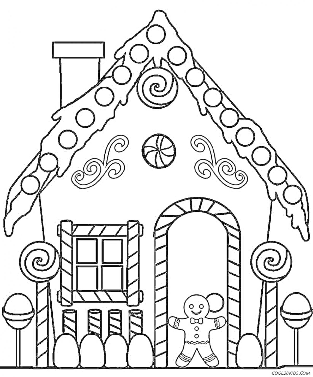 Раскраска Пряничный домик с конфетами, леденцами, печеньем и пряничным человечком