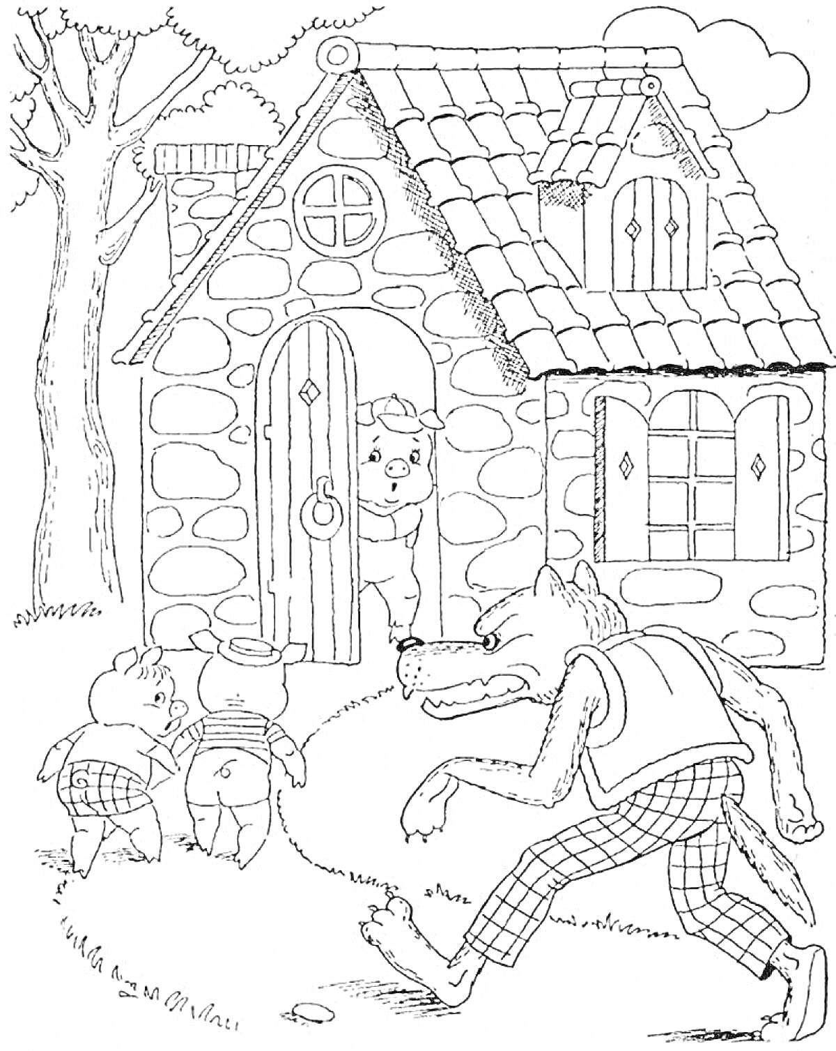 На раскраске изображено: Три поросенка, Волк, Дом, Облака, Дверь, Крыша, Трава, Уши, Животные, Каменный дом, Одежда