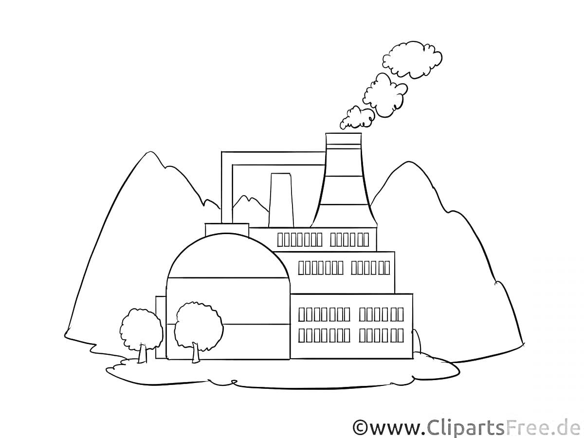 Раскраска Завод с дымоходом, зданиями, деревьями и горами