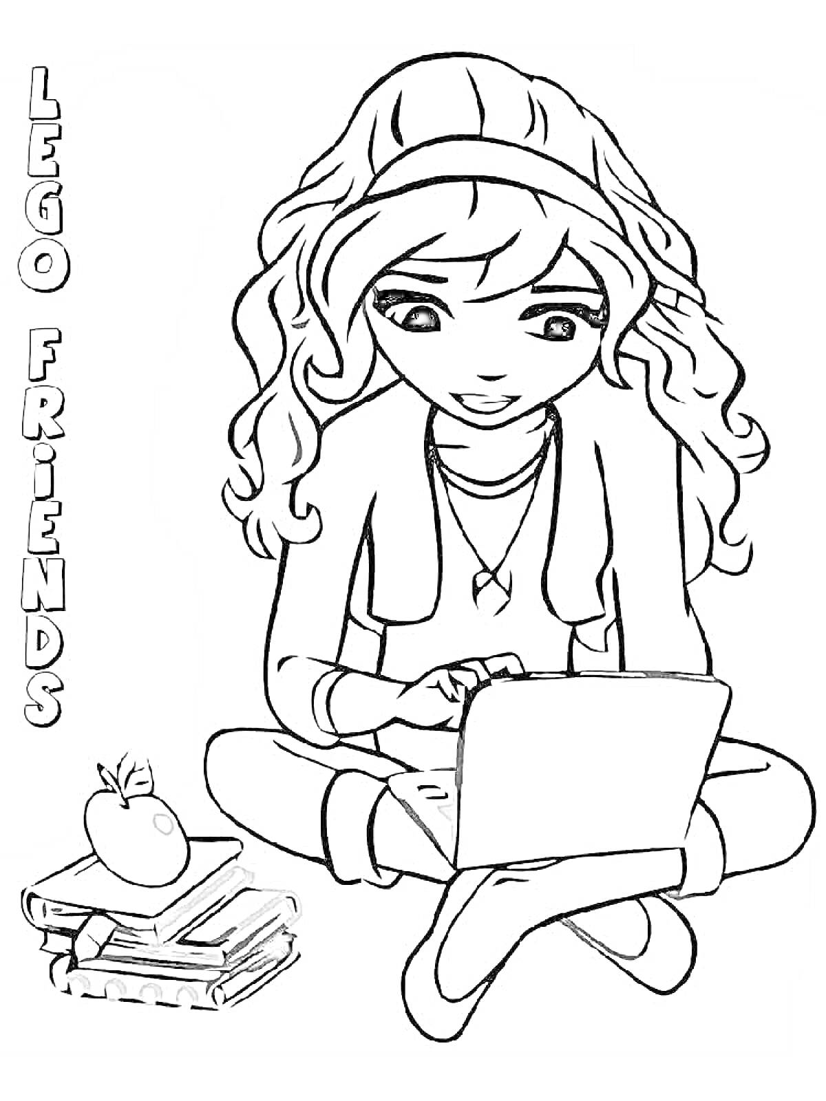 Девочка с ноутбуком, книги, птичка, текст LEGO FRIENDS