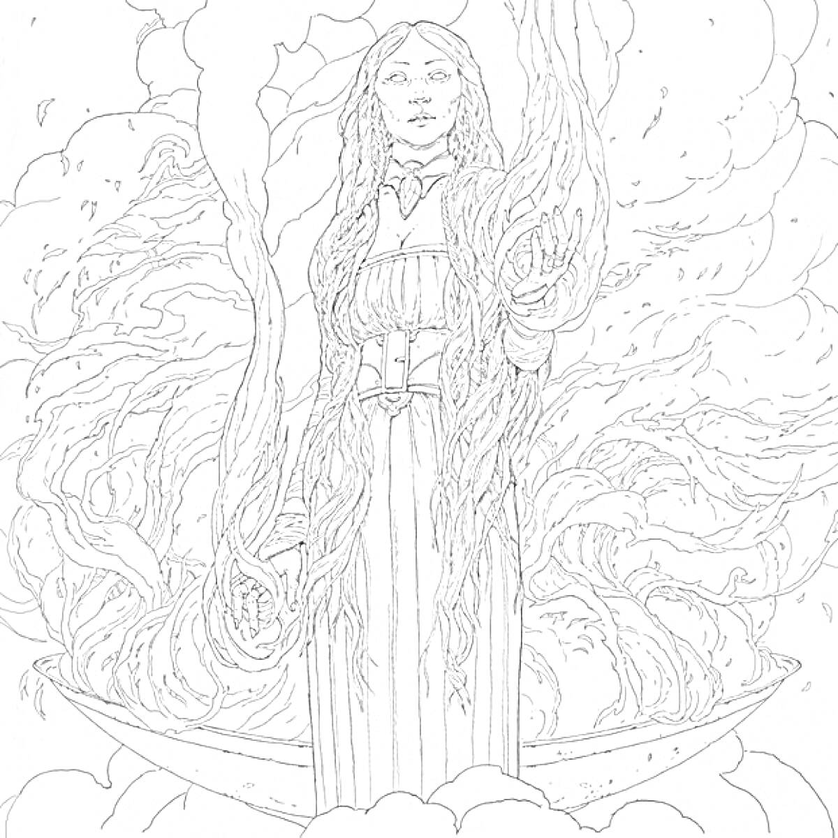 Раскраска Девушка с длинными распущенными волосами в платье, стоящая в лодке с огнём, окружённая облаками дыма