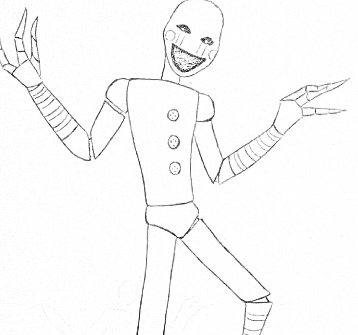 Раскраска Марионетка ФНАФ с пуговицами и полосками на руках и ногах, улыбающаяся с ногтями на пальцах