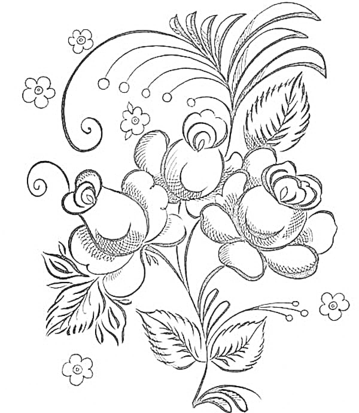 Раскраска Цветы и листья в стиле Гжель с завитками и мелкими цветами