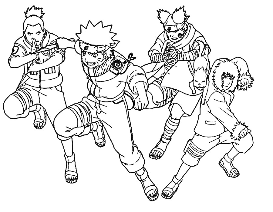 Раскраска Четыре персонажа в боевой позе из аниме, двое из них с повязками на лбу, и один в костюме с капюшоном.